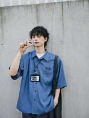 無限大 刺繍 デニム 半袖シャツ