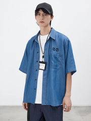 無限大 刺繍 デニム 半袖シャツ