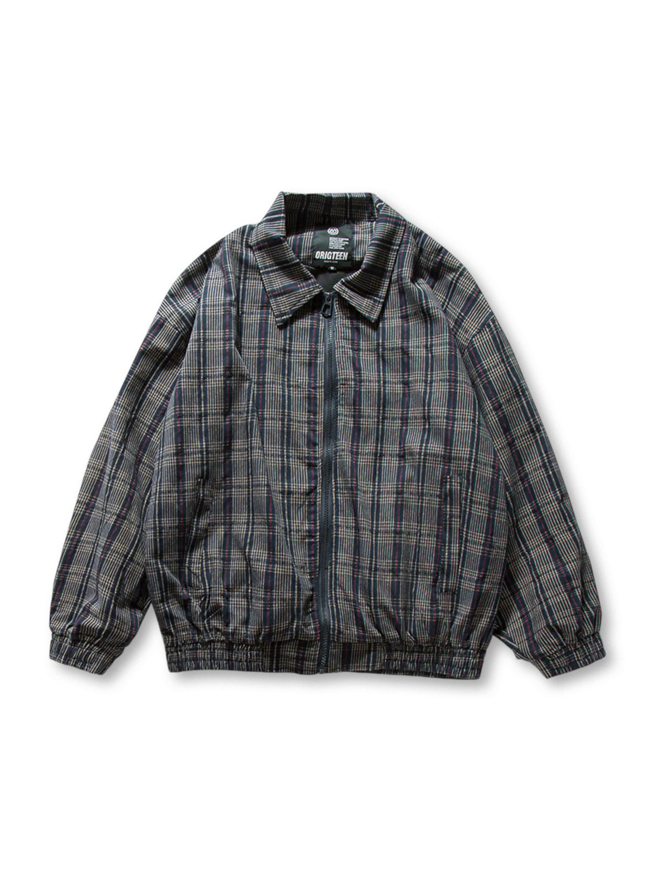 チェック柄の襟付きジャケット、裾と袖口にゴム入り