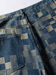 チェスボードパッチワーク デニムパンツ