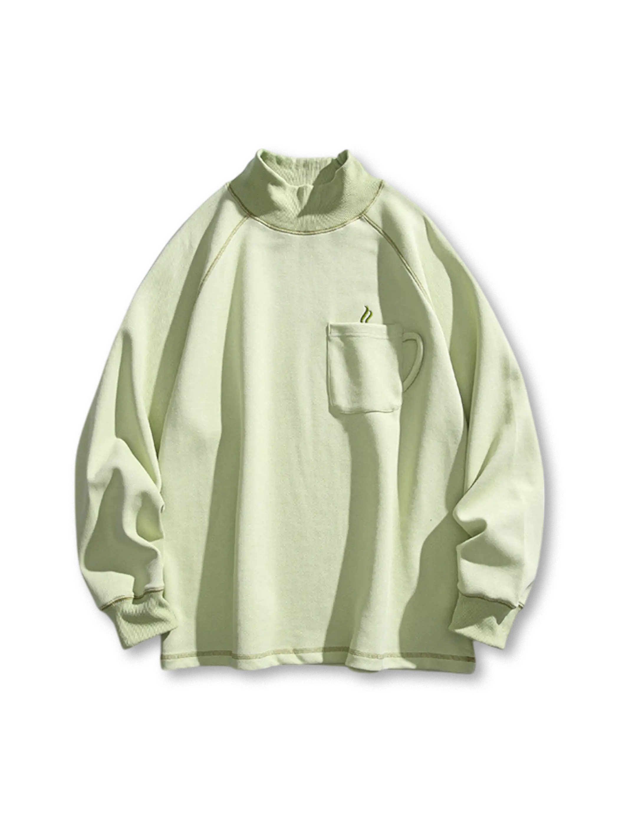 小さめハイネックとコントラストステッチが特徴の長袖スウェット