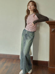 薄霧ピンクラグランスリーブ長袖Tシャツ