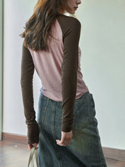 薄霧ピンクラグランスリーブ長袖Tシャツ