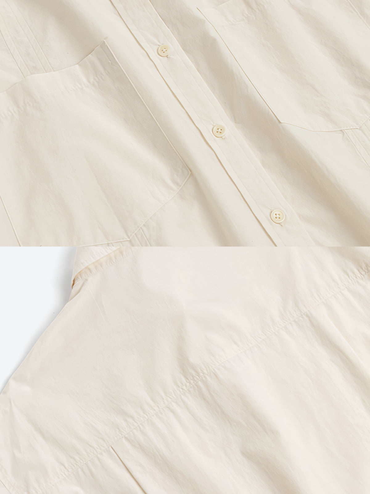 詳細画像: シャツの前面ダブルパッチポケットとボタンフロントのディテール