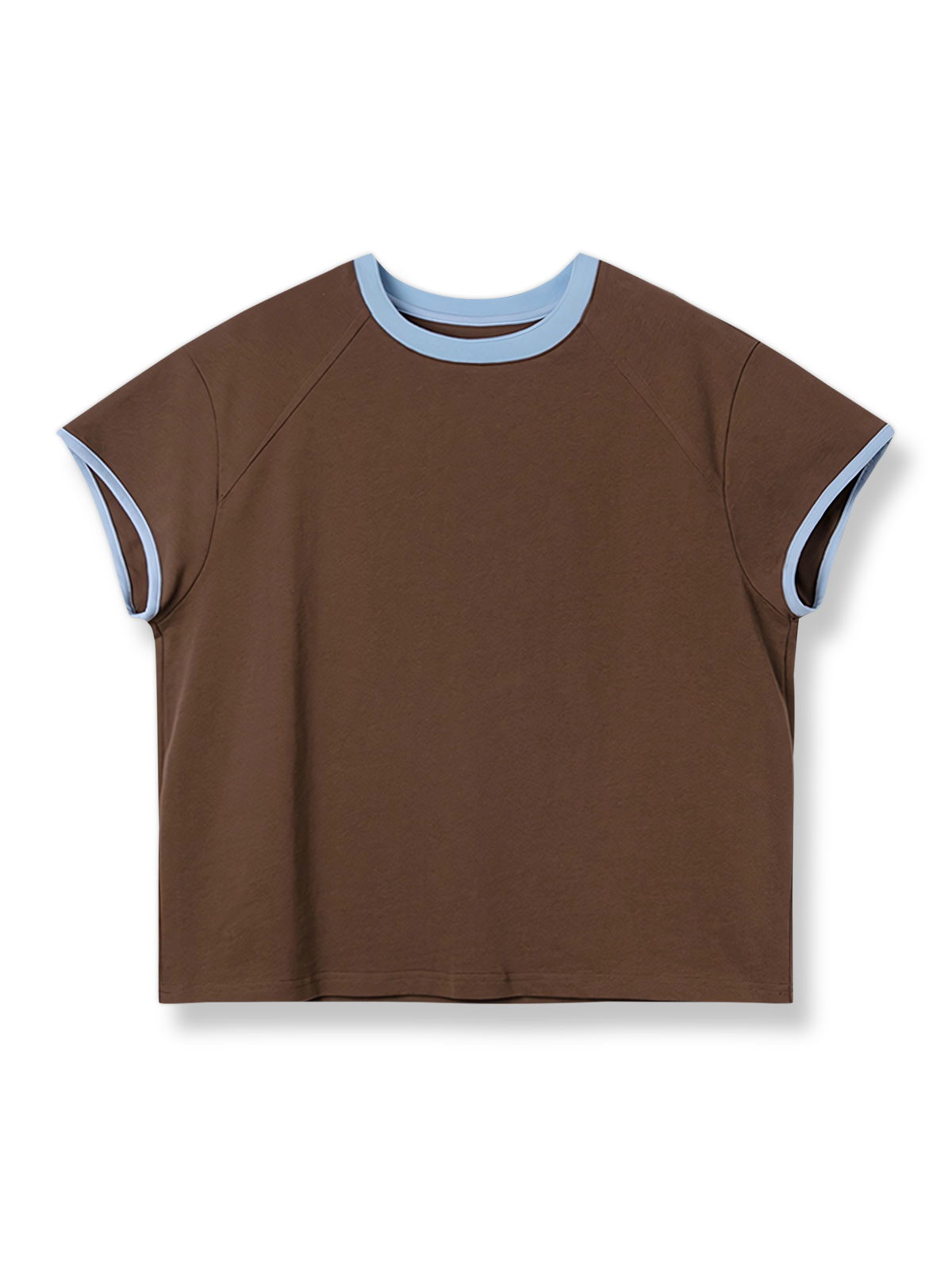 製品画像: ブラウンのショートスリーブTシャツ全体図、レトロな配色デザインが際立つ。