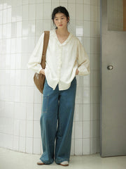 レトロデザイン高腰デニムパンツ