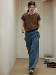 レトロデザイン高腰デニムパンツ