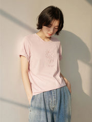 刺繍花柄ショートスリーブTシャツ