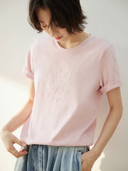 刺繍花柄ショートスリーブTシャツ