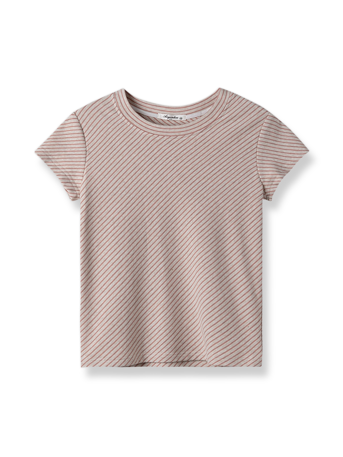 製品画像: ピンクストライプショルダーショートスリーブTシャツの全身展示図。