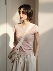 ピンクストライプショートスリーブTシャツ