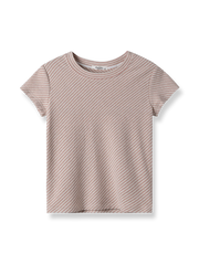 製品画像: ピンクストライプショルダーショートスリーブTシャツの全身展示図。