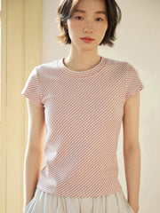 ピンクストライプショートスリーブTシャツ