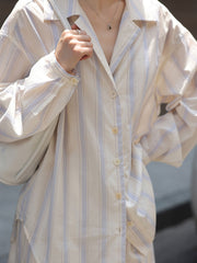 ストライプセットアップ:長袖防晒シャツ+ワイドレッグショートパンツ