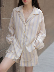 ストライプセットアップ:長袖防晒シャツ+ワイドレッグショートパンツ