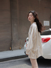 ストライプセットアップ:長袖防晒シャツ+ワイドレッグショートパンツ