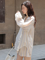 ストライプセットアップ:長袖防晒シャツ+ワイドレッグショートパンツ