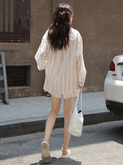 ストライプセットアップ:長袖防晒シャツ+ワイドレッグショートパンツ