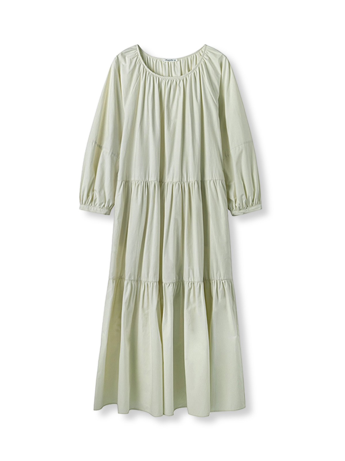 製品画像: 清新なミルクグリーンのパフスリーブドレスの全身展示図。