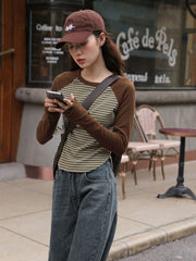 レトロブラウングリーンストライプ長袖シャツ