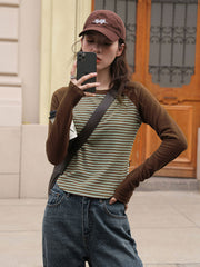 レトロブラウングリーンストライプ長袖シャツ