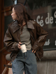 レトロブラウングリーンストライプ長袖シャツ