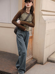 レトロブラウングリーンストライプ長袖シャツ