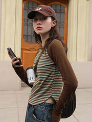 レトロブラウングリーンストライプ長袖シャツ