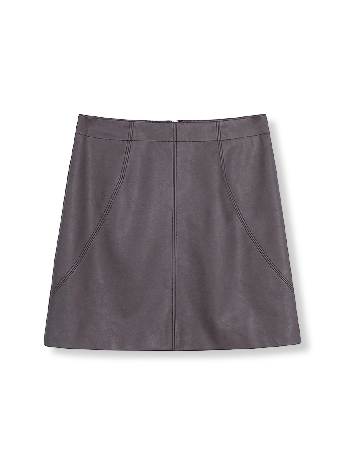 製品画像: ヴィンテージマットなグレー×パープルのハイウエストPUレザーミニスカートの全身展示図。