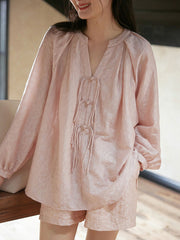 テンセルセットアップ:防晒クルミボタンシフォンシャツ+ハイウエストショートパンツ