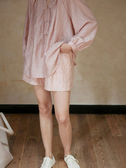 テンセルセットアップ:防晒クルミボタンシフォンシャツ+ハイウエストショートパンツ
