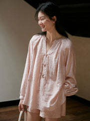 テンセルセットアップ:防晒クルミボタンシフォンシャツ+ハイウエストショートパンツ