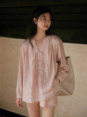 テンセルセットアップ:防晒クルミボタンシフォンシャツ+ハイウエストショートパンツ