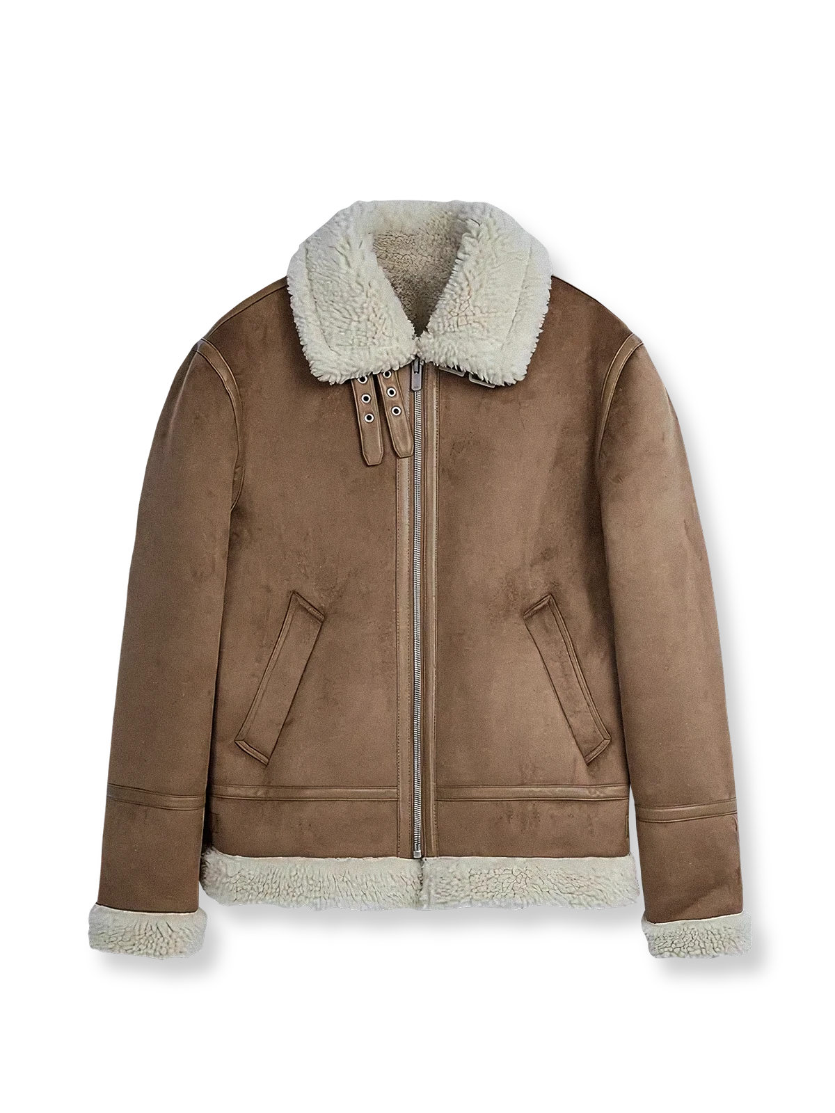 製品画像
「オープンカラースエード調シープボアジャケット全体像。スエード調フェイクレザー素材とシープボア内側の組み合わせが特徴の冬用レトロアウター」
詳細画像
「オープンカラースエード調ジャケットの調節可能なベルトとシープボアの温かみあるディテール。レトロで防寒性の高いデザイン」