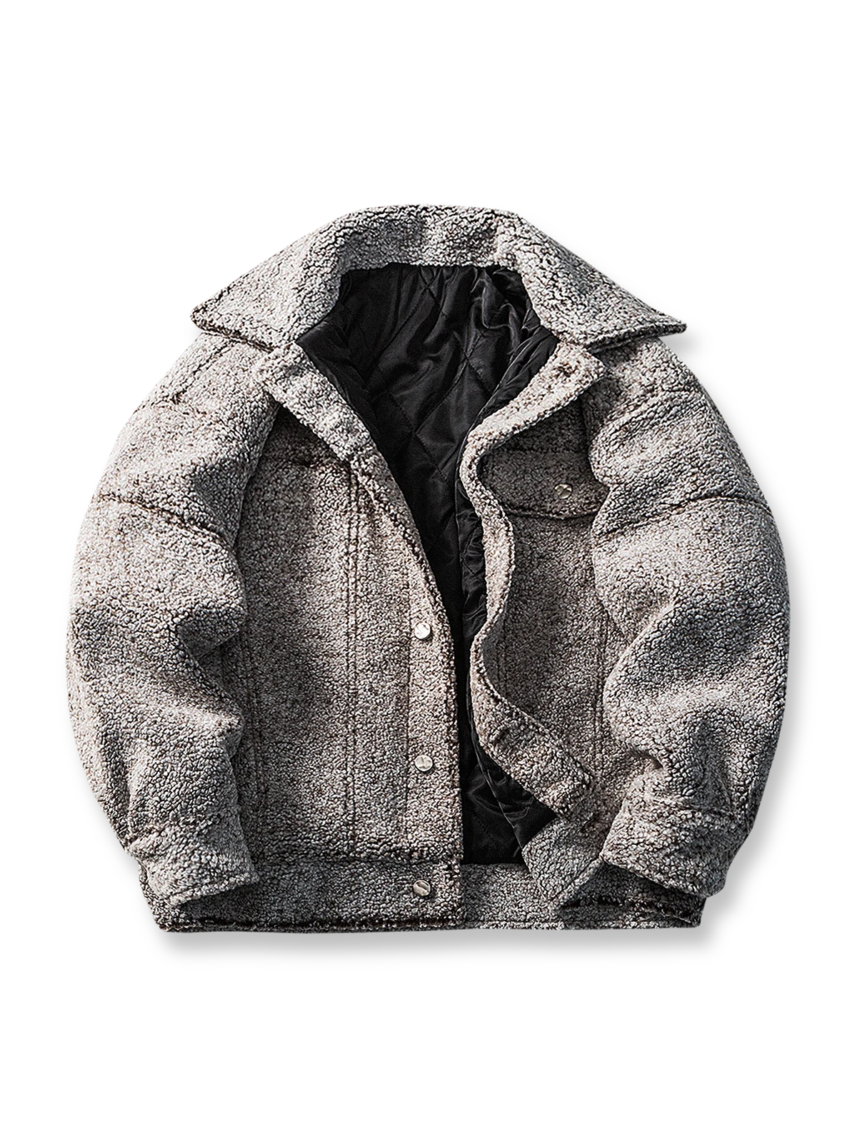 製品画像: レトロなデニムジャケットのシルエットと柔らかなシープスキン素材を組み合わせた中綿ジャケットの正面全景。厚手のシープスキン素材が暖かさとファッション性を兼ね備え、秋冬のカジュアルスタイルに最適。
詳細画像: 胸元のボタン付きポケットとシープスキン素材のディテールが際立つ中綿ジャケット。視覚的な深みを与えるシープスキンの質感と、実用的な収納機能を持つボタン付きポケットが特徴。