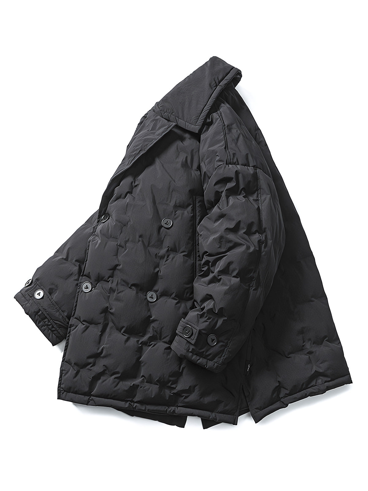 製品画像
アメリカンスタイルのダブルブレストスーツカラー中長丈ダウンの全体展示図。クラシックなデザインと高い保温性を兼ね備えた冬の必須アイテム。
詳細画像
スーツカラーとダブルブレストデザインのディテールクローズアップ。洗練されたフォーマルさと実用性を兼ね備えたデザインが際立つ。