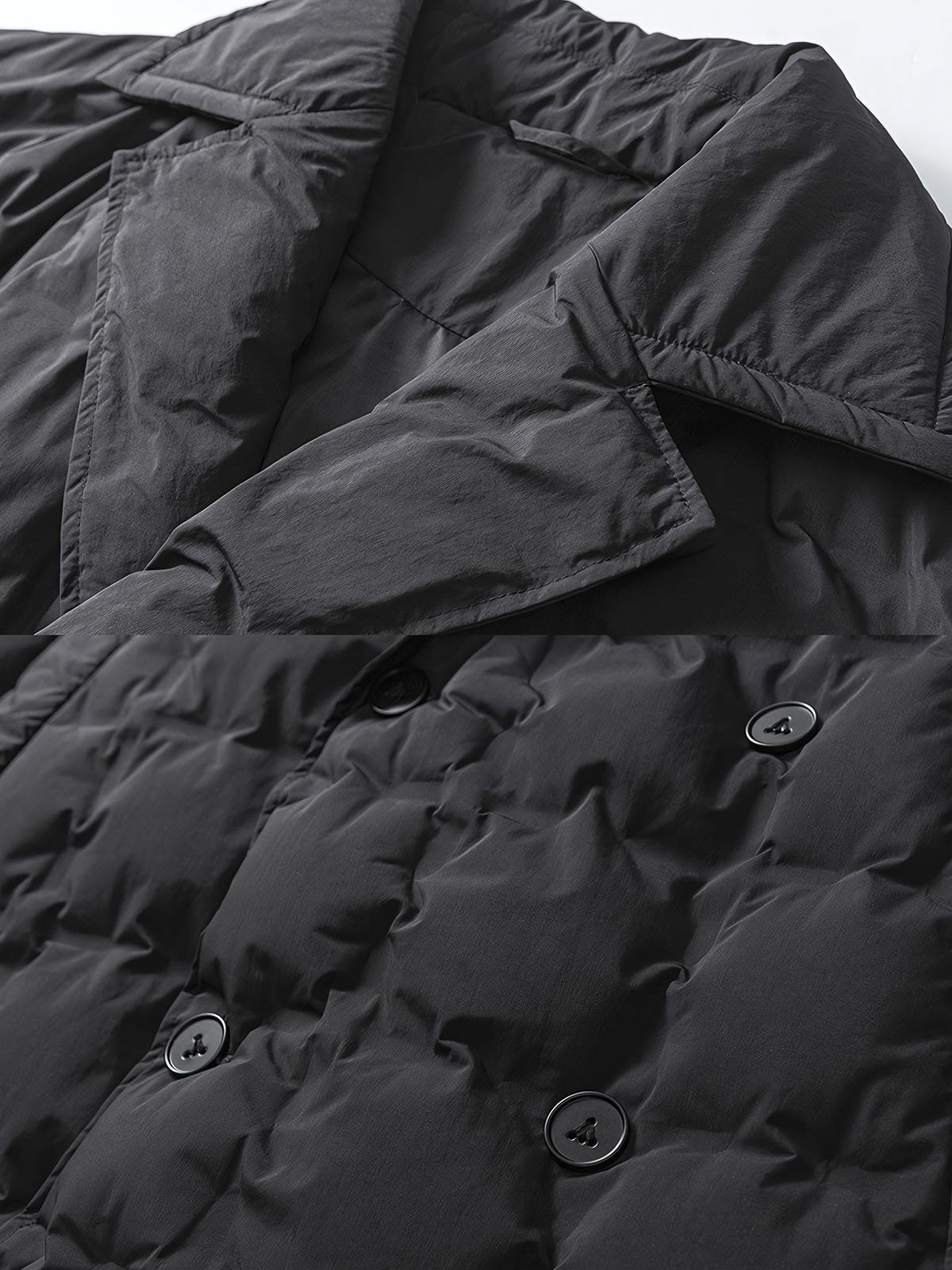 製品画像
アメリカンスタイルのダブルブレストスーツカラー中長丈ダウンの全体展示図。クラシックなデザインと高い保温性を兼ね備えた冬の必須アイテム。
詳細画像
スーツカラーとダブルブレストデザインのディテールクローズアップ。洗練されたフォーマルさと実用性を兼ね備えたデザインが際立つ。