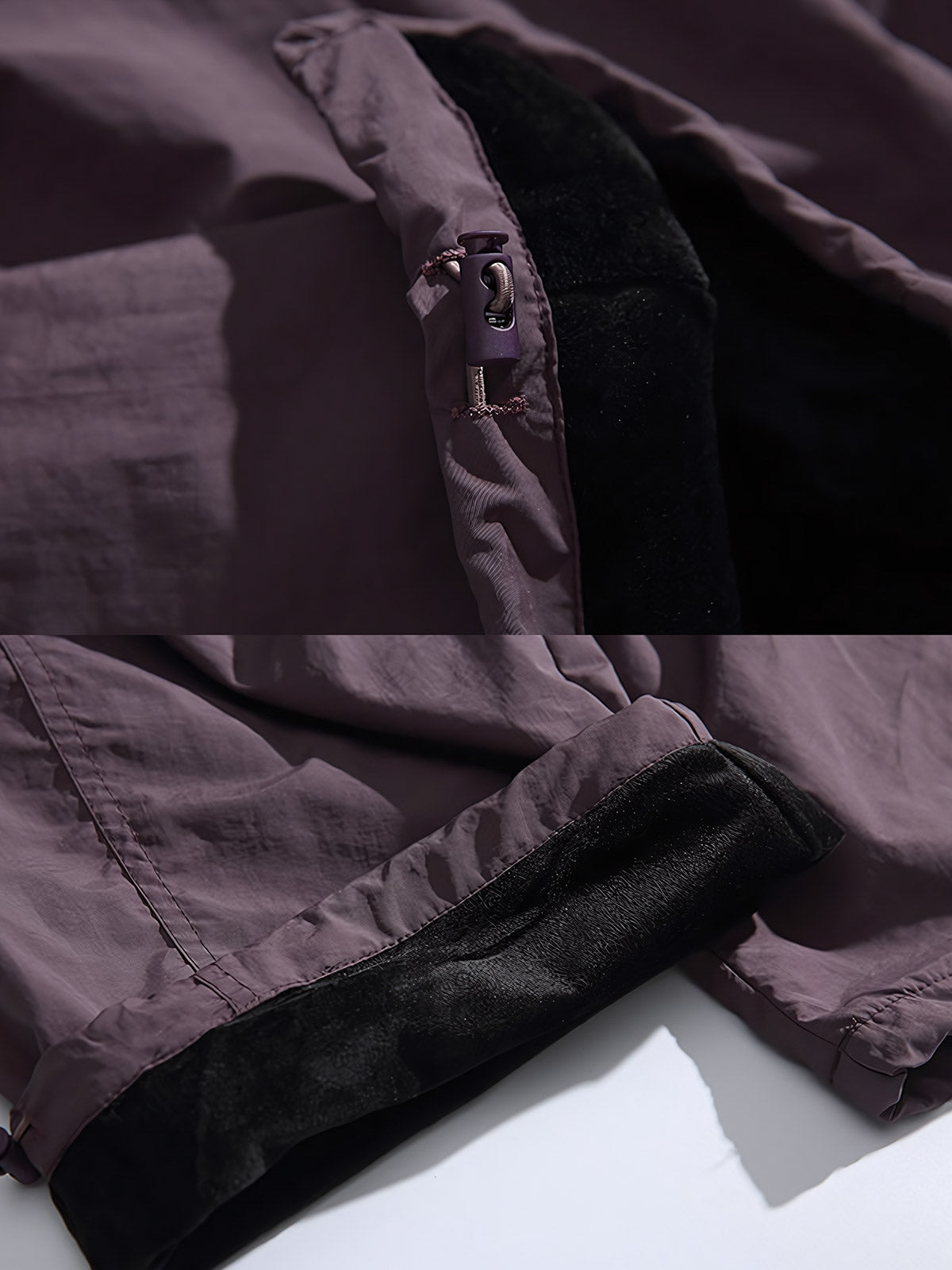 製品画像: 4色展開 アウトドア カーゴパンツ。100%ナイロン素材で耐久性と防風性を兼ね備えた、多機能パンツの全体展示図。
詳細画像: 裏起毛加工で保温性を高めた素材と、多ポケットディテールのクローズアップ。冬のアウトドア活動に便利な設計。