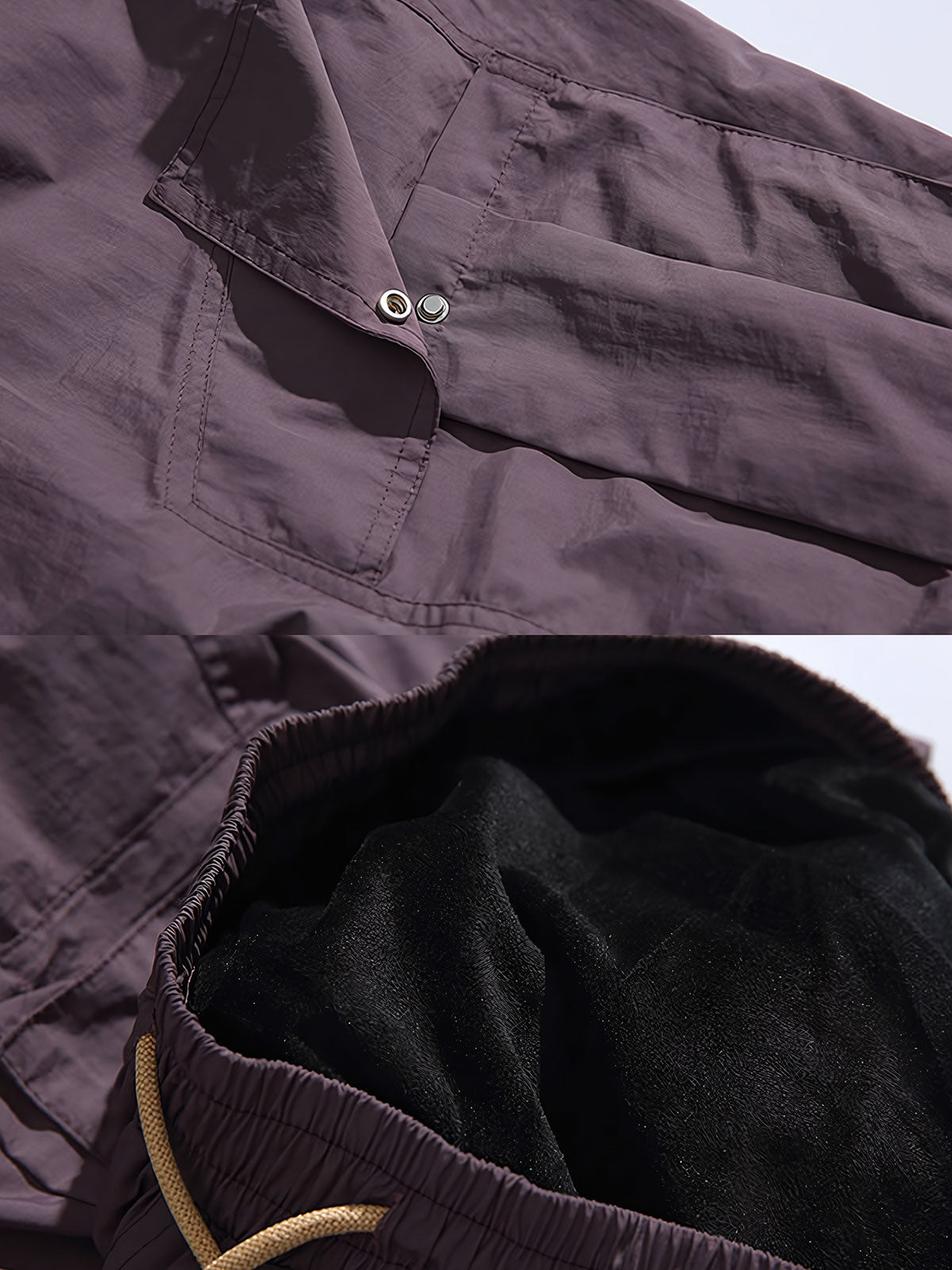 製品画像: 4色展開 アウトドア カーゴパンツ。100%ナイロン素材で耐久性と防風性を兼ね備えた、多機能パンツの全体展示図。
詳細画像: 裏起毛加工で保温性を高めた素材と、多ポケットディテールのクローズアップ。冬のアウトドア活動に便利な設計。