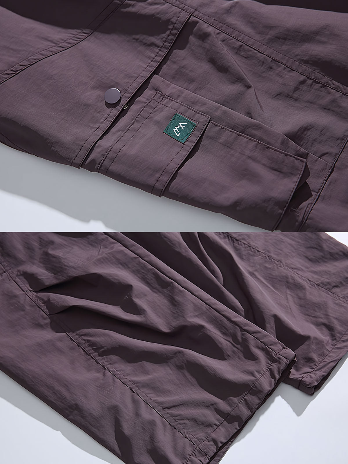 製品画像: 4色展開 アウトドア カーゴパンツ。100%ナイロン素材で耐久性と防風性を兼ね備えた、多機能パンツの全体展示図。
詳細画像: 裏起毛加工で保温性を高めた素材と、多ポケットディテールのクローズアップ。冬のアウトドア活動に便利な設計。