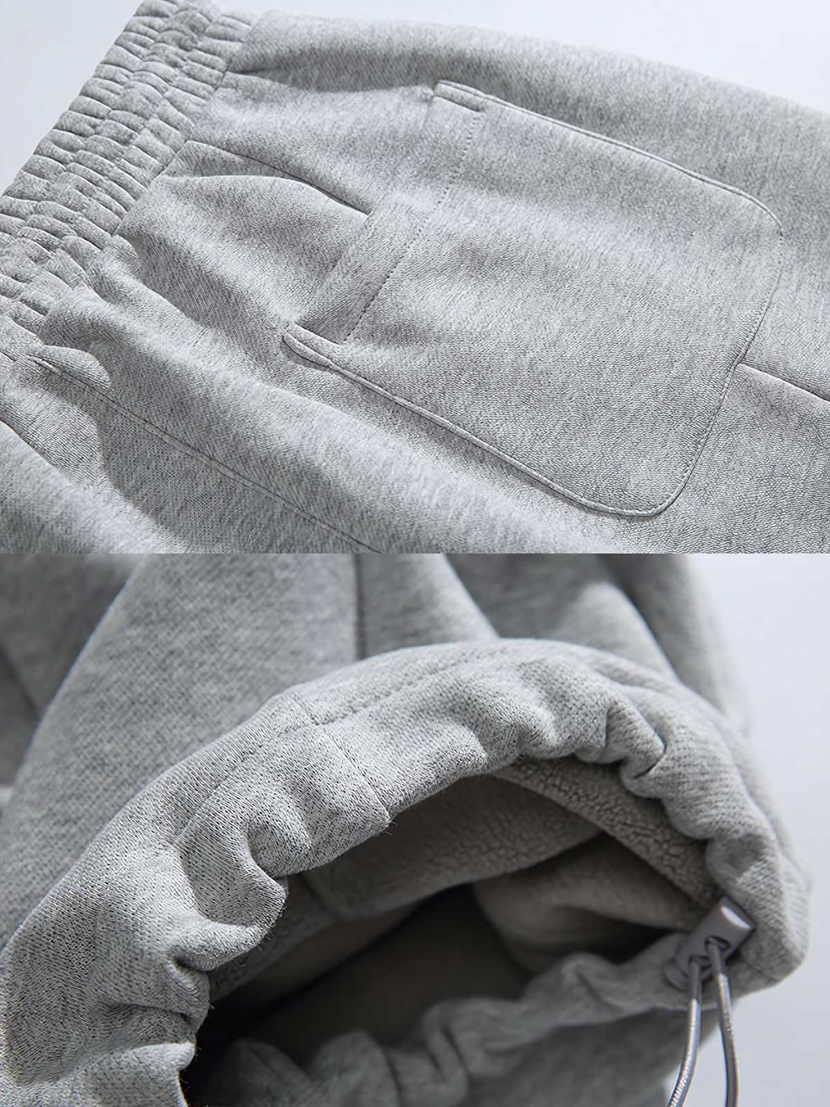 製品画像: 4色展開 カジュアル スウェットパンツ。裏起毛素材とルーズフィットデザインを採用した、冬に最適な厚手スウェットパンツの正面全体展示図。
詳細画像: 柔らかい裏起毛素材の質感と、冷気を防ぐ裾のリブデザインのディテールクローズアップ。