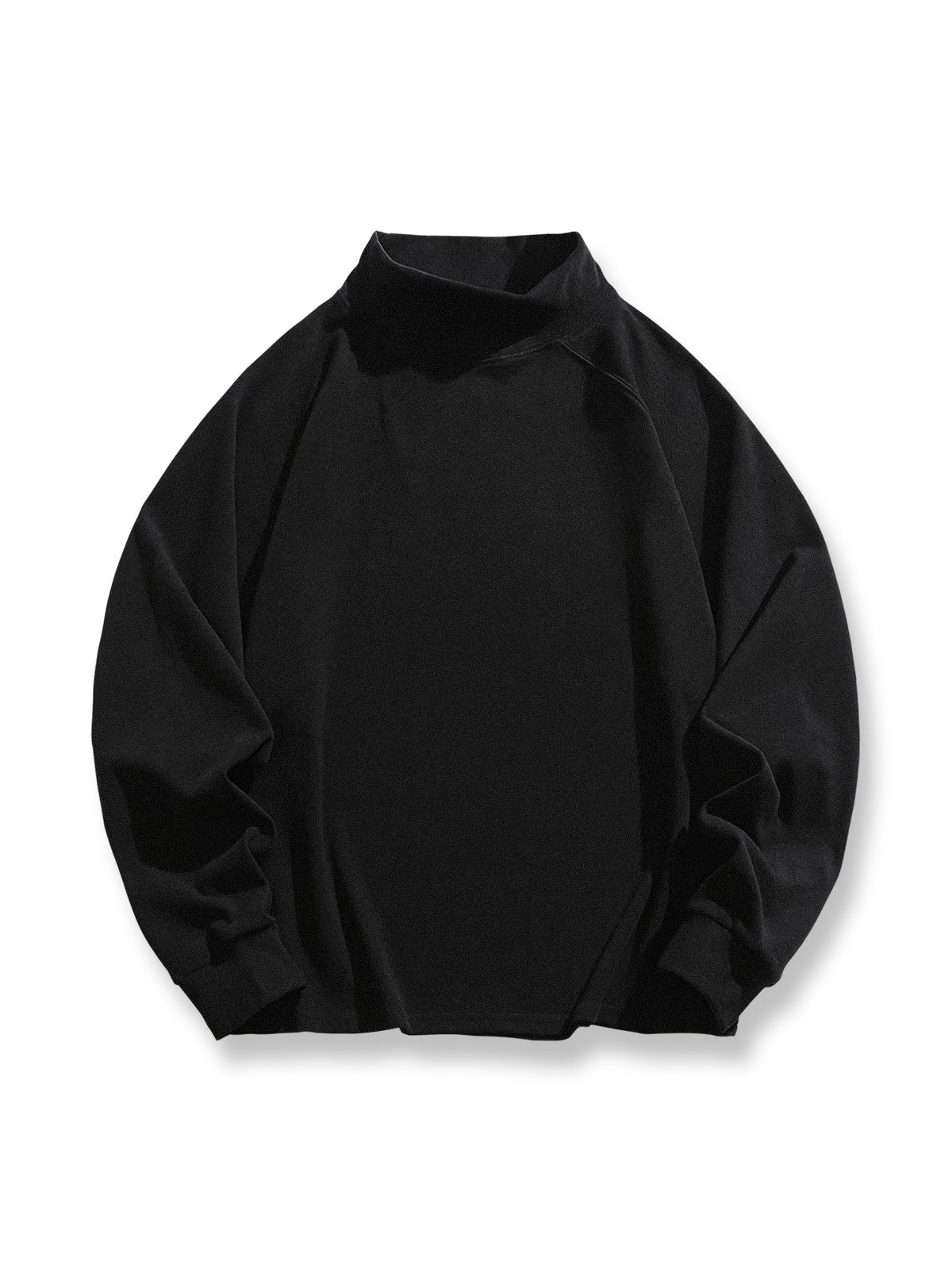 製品画像: 軽量ハイネック スウェットシャツの正面全体展示画像。ブラック、ホワイト、グレーの3色展開で、シンプルで上品なデザインが特徴。柔らかな生地感とハイネックデザインが冬のコーディネートに立体感を加え、日常使いにも最適な一着。
詳細画像: 軽量ハイネック スウェットシャツのハイネック部分をクローズアップした画像。保温性を高める立体的なデザインが特徴で、袖口と裾の細部仕上げも確認可能。シンプルなディテールでありながら、優れた着心地とファッション性を提供。