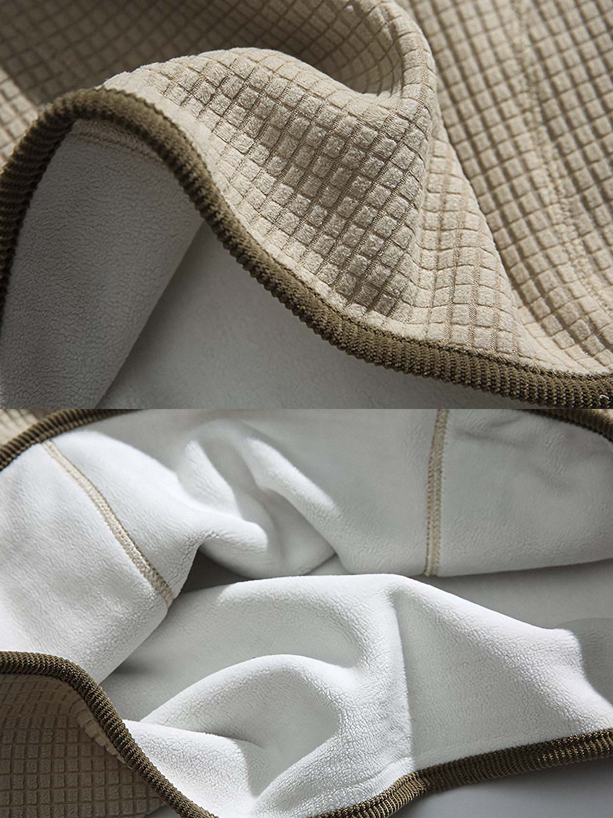 製品画像: 厚手ワッフル織りフード付きスウェット、ヴィンテージ感のあるデザインと裏起毛素材。寒い季節にぴったりの保温性を提供し、快適な着心地。
詳細画像: ワッフル織り生地と裏起毛のディテール。温かみのある厚手素材が、秋冬のコーディネートに最適。