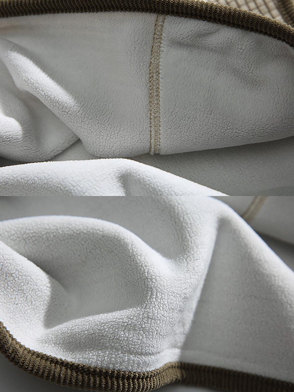 製品画像: 厚手ワッフル織りフード付きスウェット、ヴィンテージ感のあるデザインと裏起毛素材。寒い季節にぴったりの保温性を提供し、快適な着心地。
詳細画像: ワッフル織り生地と裏起毛のディテール。温かみのある厚手素材が、秋冬のコーディネートに最適。