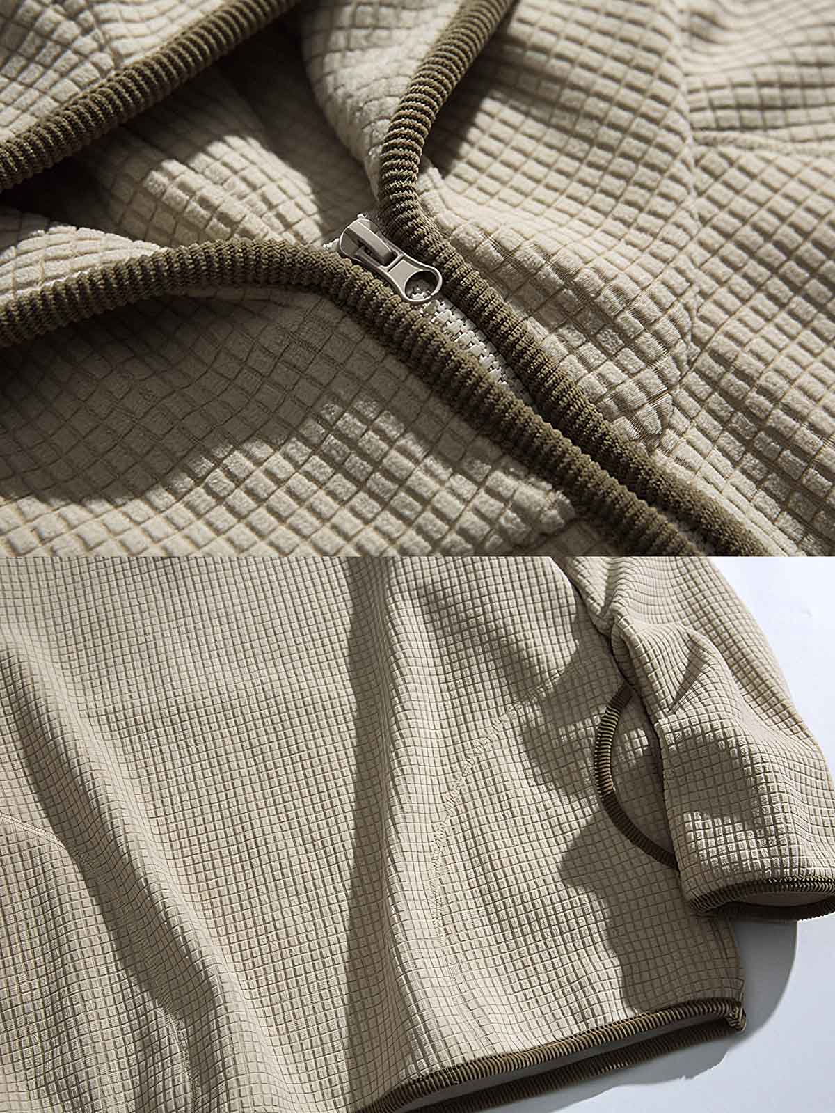 製品画像: 厚手ワッフル織りフード付きスウェット、ヴィンテージ感のあるデザインと裏起毛素材。寒い季節にぴったりの保温性を提供し、快適な着心地。
詳細画像: ワッフル織り生地と裏起毛のディテール。温かみのある厚手素材が、秋冬のコーディネートに最適。