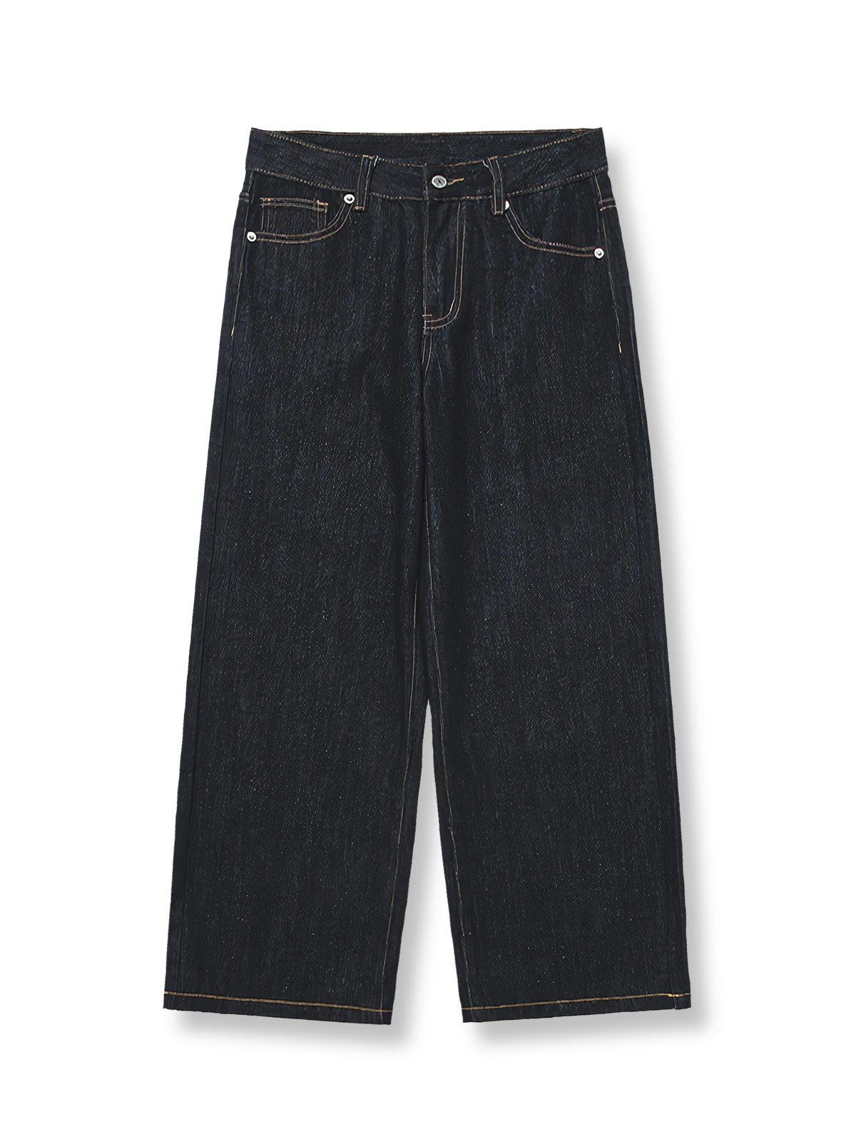 製品画像: クラシックな生デニム生地を使用したストレートカットジーンズ全体展示、ヴィンテージ感あふれるデザインと頑丈なリベットディテールが特徴
詳細画像: 5ポケットデザインとヴィンテージ生地のディテール特写、未処理の裾が自然なカジュアル感を演出