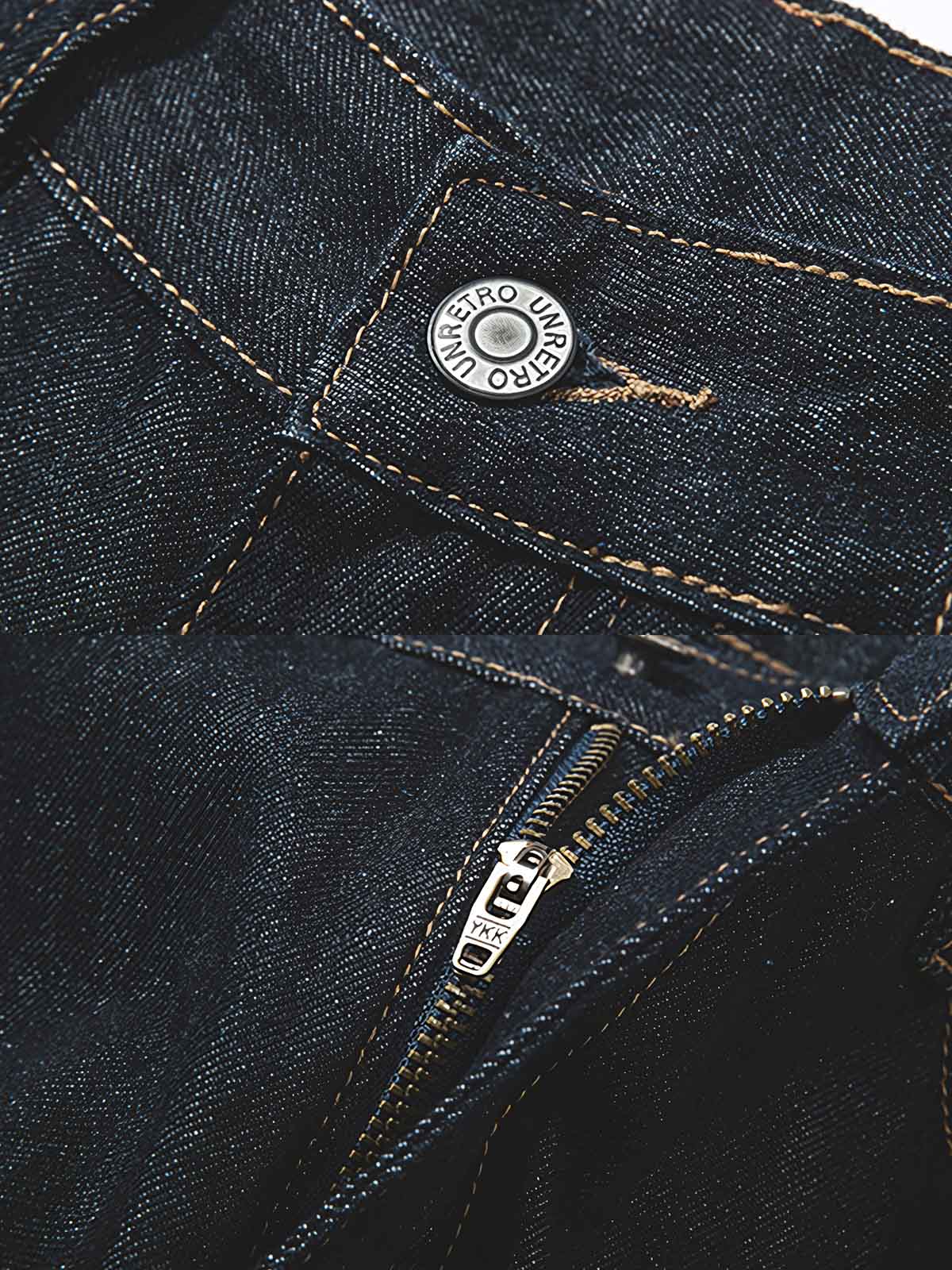 製品画像: クラシックな生デニム生地を使用したストレートカットジーンズ全体展示、ヴィンテージ感あふれるデザインと頑丈なリベットディテールが特徴
詳細画像: 5ポケットデザインとヴィンテージ生地のディテール特写、未処理の裾が自然なカジュアル感を演出