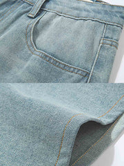 製品画像: アメカジファッションのレトロなスタイルとヴィンテージウォッシュデザインを特徴とするストレートデニムパンツ全体展示、100%コットン素材で仕上げたクラシックなデザイン
詳細画像: ウォッシュド加工とルーズフィットのストレートカットのディテール特写、自然なヴィンテージ感を強調