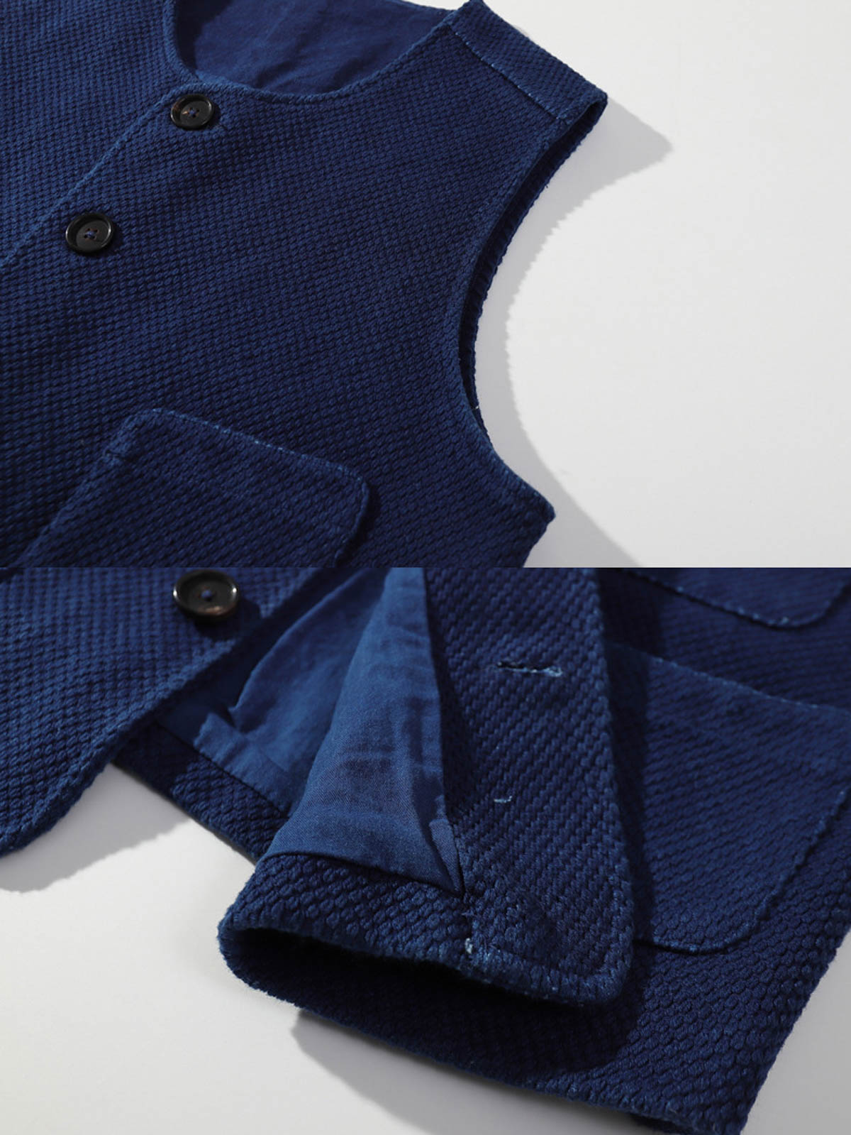 製品画像
真剣道用の550g刺子生地とインディゴ植物染色を使用したヴィンテージワークベスト。深みのあるブルーデザインとクラシックな日本のヴィンテージ感を持ち、広めの多ポケットデザインが日常的な収納の利便性を高めます。
詳細画像
550gの真剣道用刺子生地と手作業で染め上げたインディゴブルーの美しい色合い。内側には高密度コットンオックスフォード生地を使用し、快適性と耐久性が向上。23mmの高級牛角ボタンとCOATSの糸を使用した高品質な仕上がり。