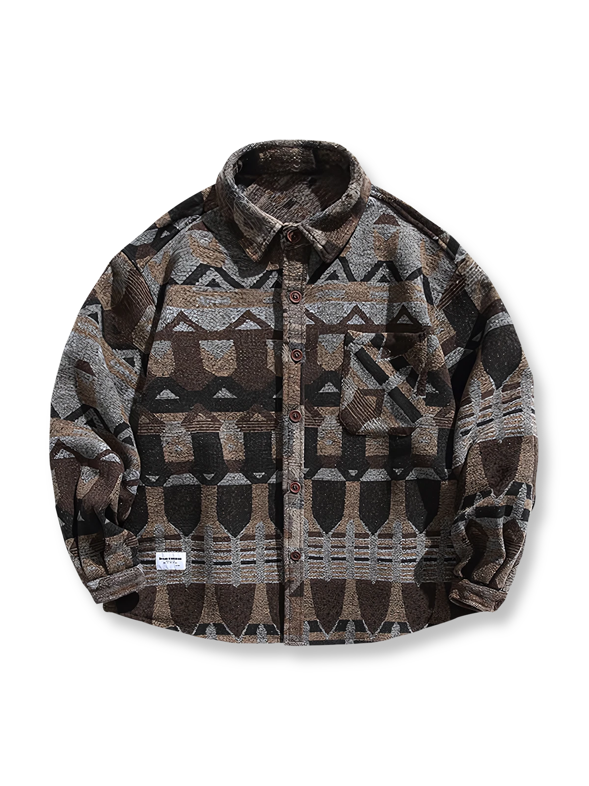 製品画像: ウール混 エスニック ジャカード編み 長袖シャツ。高級感漂うジャカード編みデザインと、柔らかさと保温性を備えたルーズフィットシャツの正面全体展示図。
詳細画像: 落ち着いたトーンのエスニック風ジャカード編みデザインと、丁寧に仕上げられたディテールのクローズアップ。